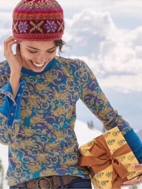 Sundance Teal Paisley-Print Long Sleeve Top Size XL Button Sleeves